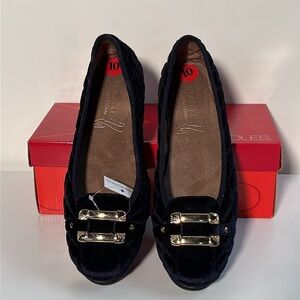 AEROSOLE NIB Sherbet Preppy Quilt Navy Velvet Gold Buckle Stitch N'Turn Flats 10